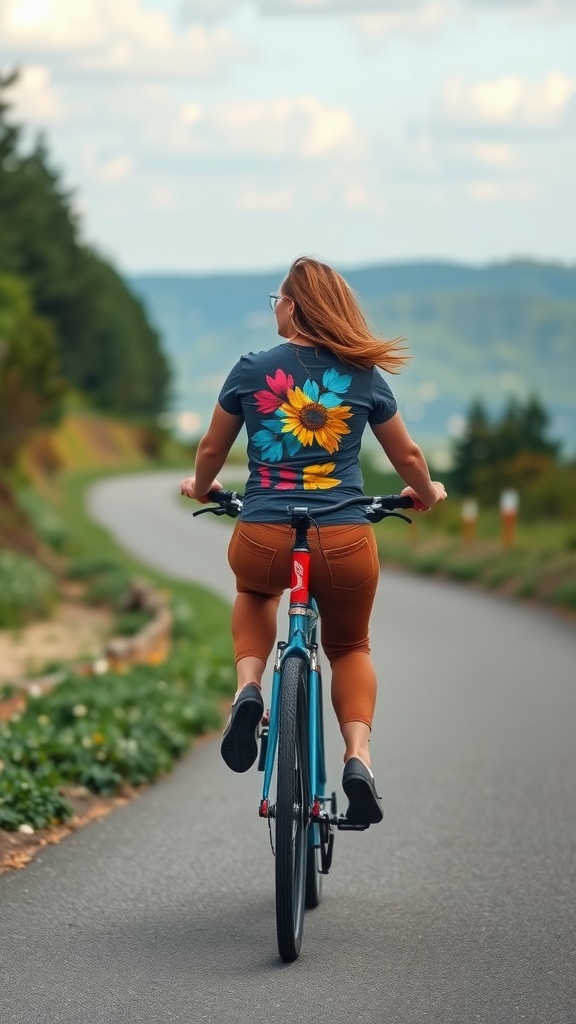 A woman cycling on a road, wearing brown jeans and a colorful graphic tee.