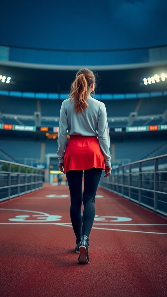 A woman walking in a sporty mini skirt and leggings at a stadium