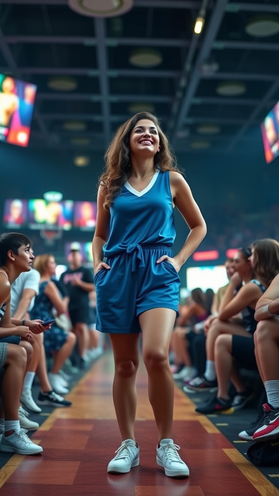A woman wearing a blue sporty romper, smiling while walking in a sports arena.