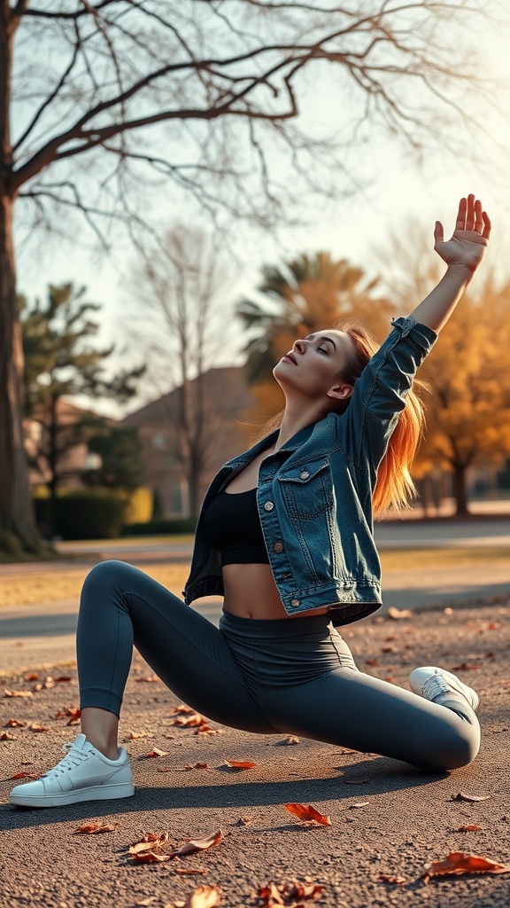 A woman stretching in a park, wearing a denim jacket, crop top, and joggers.