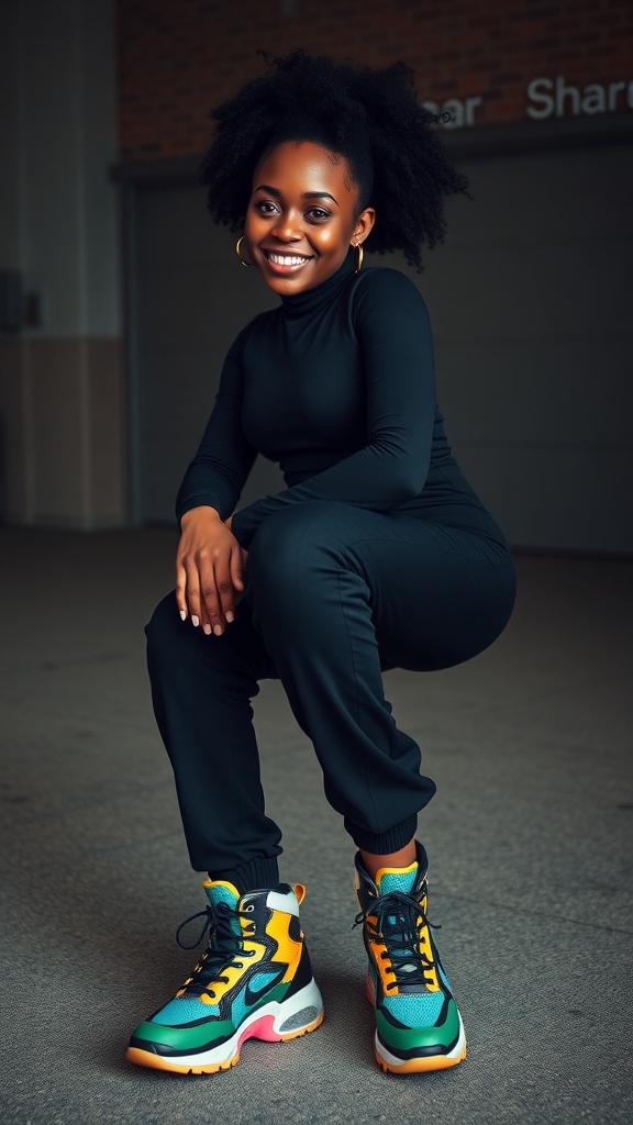 A woman in a black tracksuit and colorful shark boots, smiling confidently.
