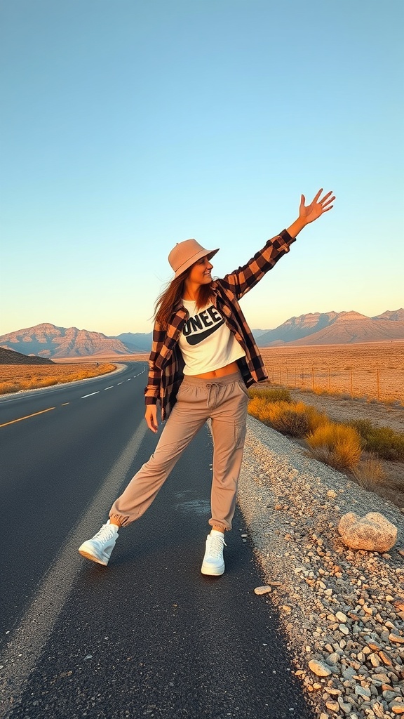 A woman in joggers and sneakers standing on the side of the road, smiling and posing with a plaid shirt and hat.