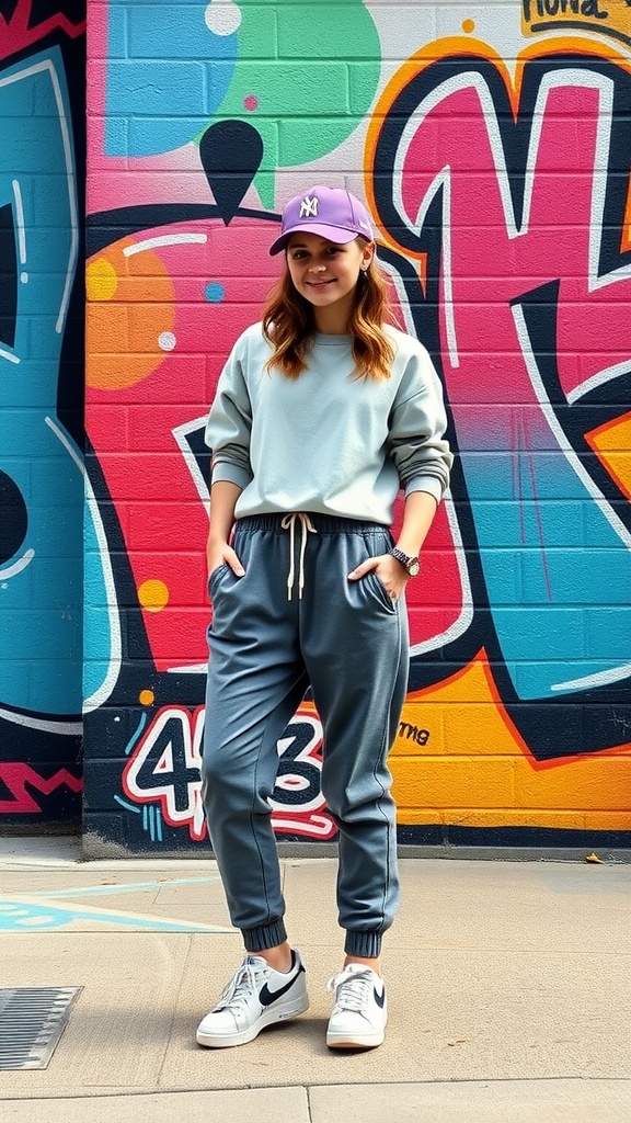 A person wearing jogger pants, a hoodie, and sneakers, standing against a colorful graffiti wall.