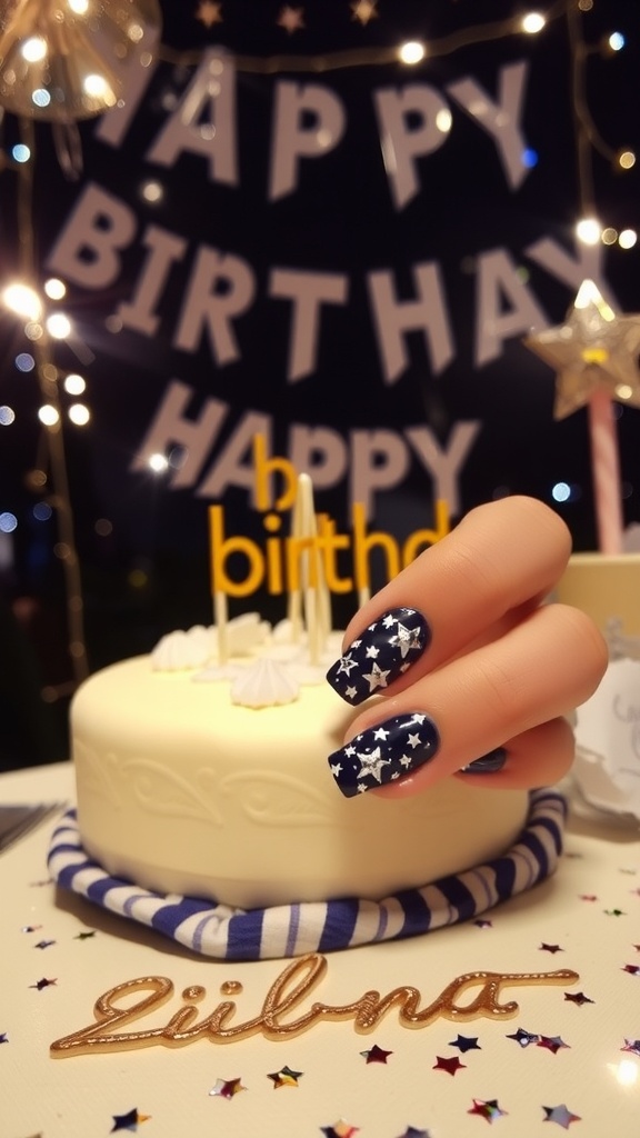 A hand with starry night design nails holding a birthday cake, surrounded by festive decorations.