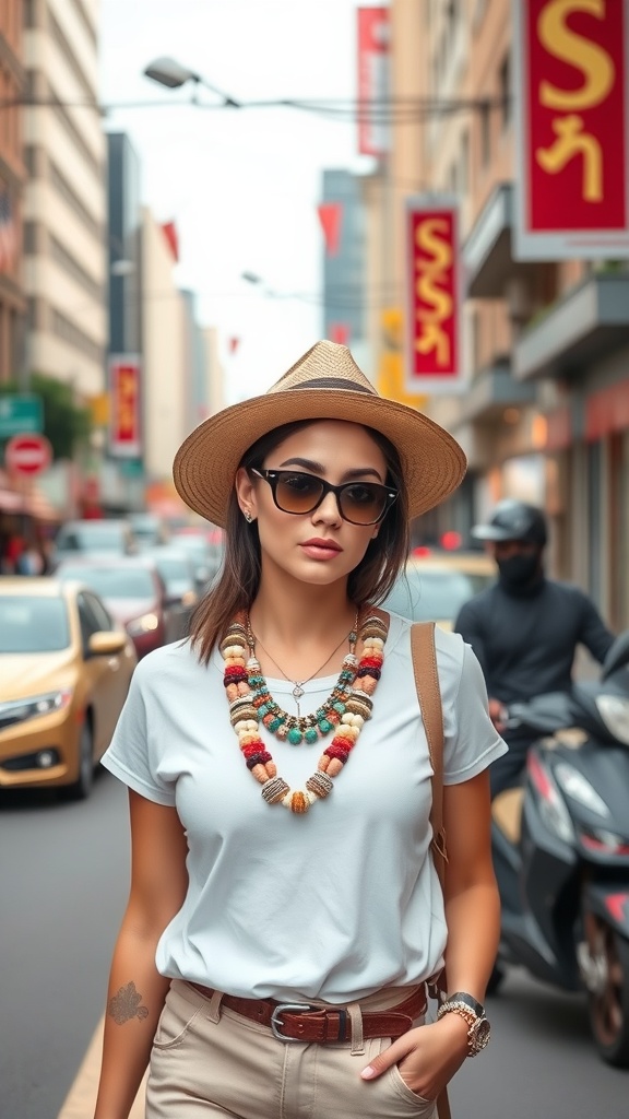 A woman in a white tee and khaki pants wearing a colorful statement necklace and sunglasses, standing in an urban street.