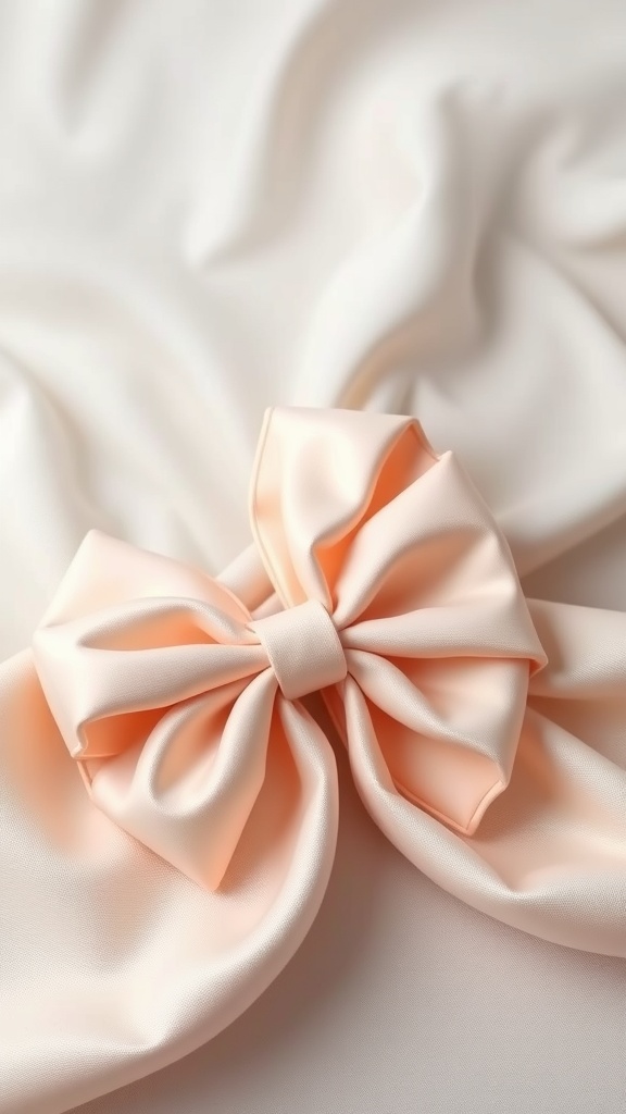 A peach satin bow clip on soft fabric