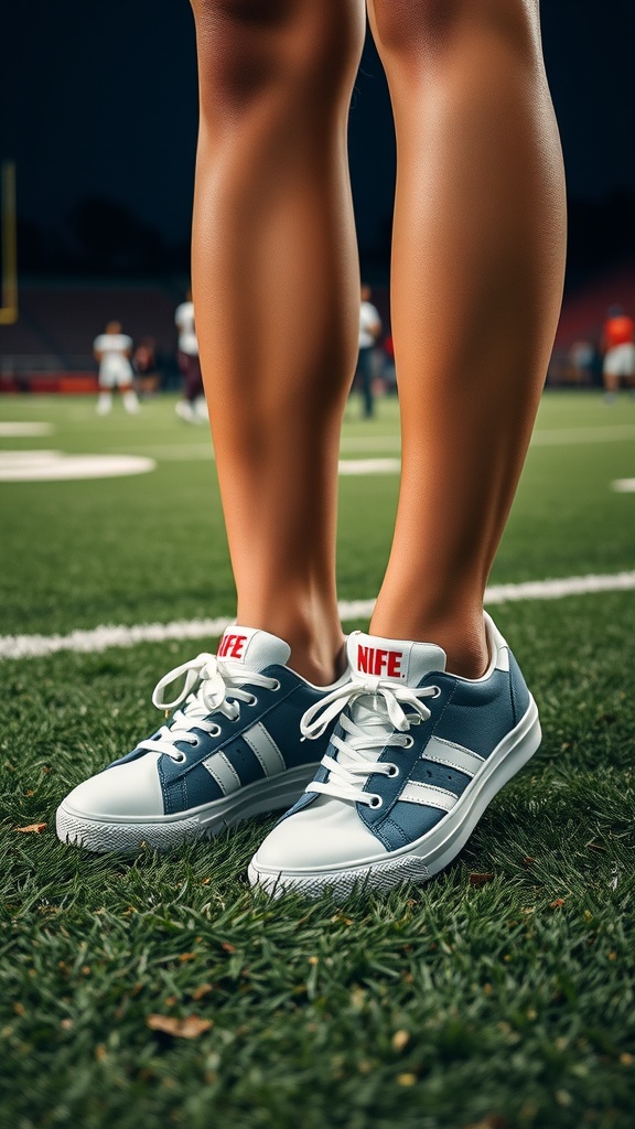 Close-up of stylish sneakers on a football field
