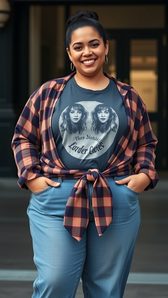 A smiling woman wearing straight-leg jeans and a graphic tee, layered with a flannel shirt tied at the waist.