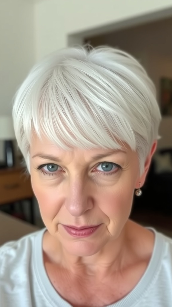 A woman with a straight crop hairstyle featuring a lifted crown, showcasing a modern and stylish look for thin hair over 50.