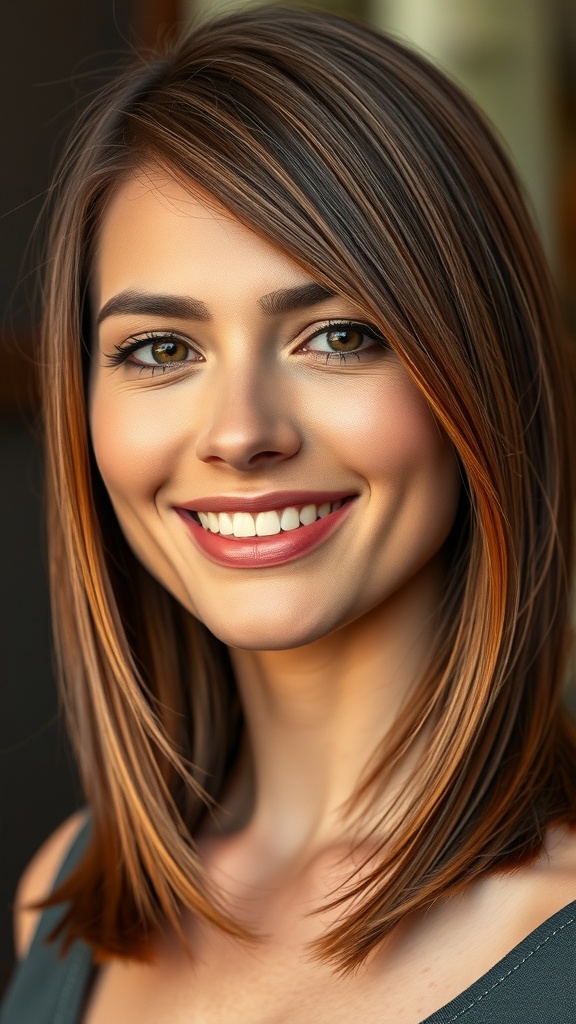 A woman with medium brown hair styled in a straight cut, featuring subtle caramel highlights.