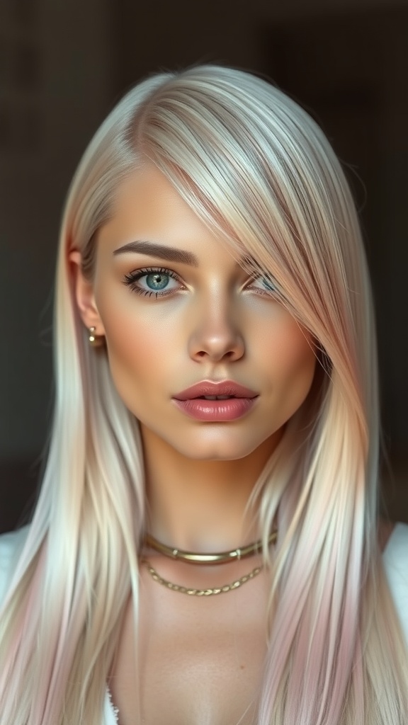 Model with straight hair featuring pink and blonde face-framing pieces