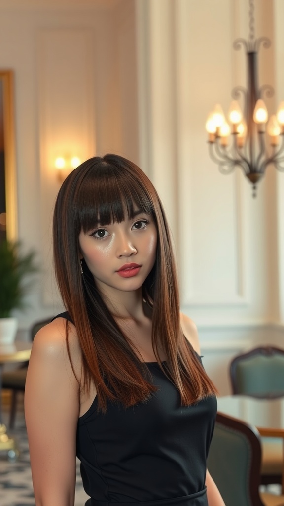 A woman with straight hair and side-swept bangs, showcasing a soft and stylish look.