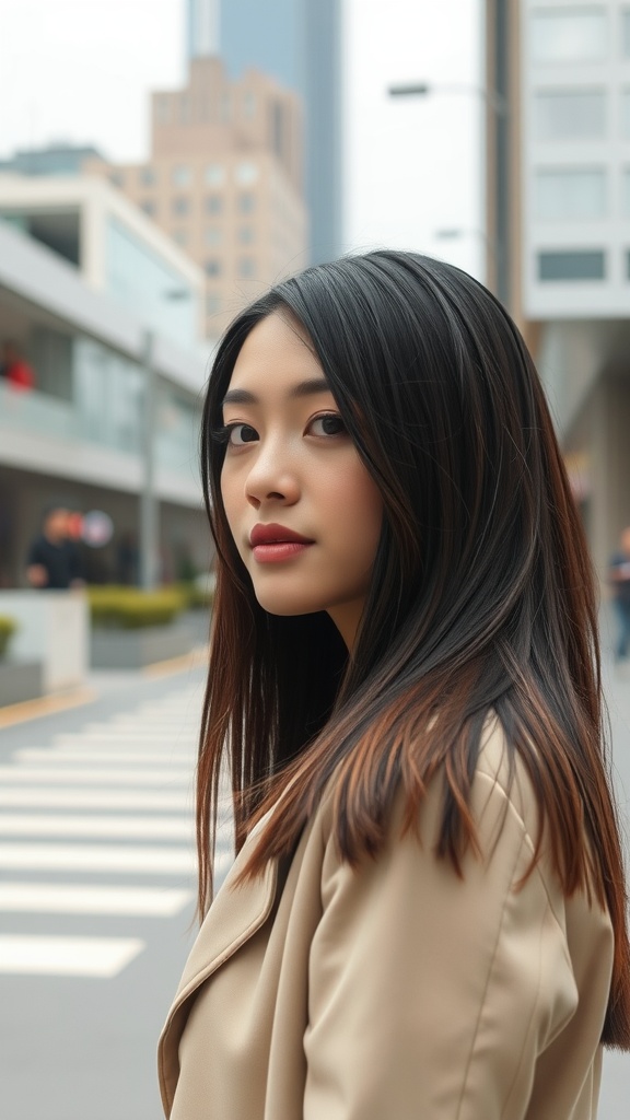 A woman with straight layered hair styled sleekly, showcasing a modern take on 90s layered hair.
