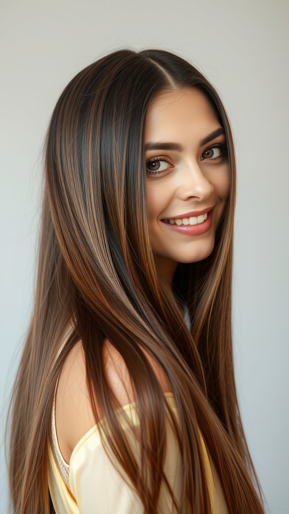 Straight long hair with blonde balayage on brown hair, showcasing a sleek and shiny appearance.