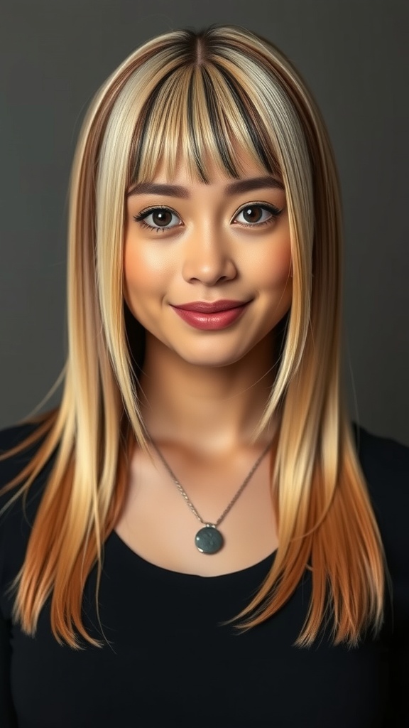 A woman with straight long hair featuring blunt ends and blonde hair with brown highlights