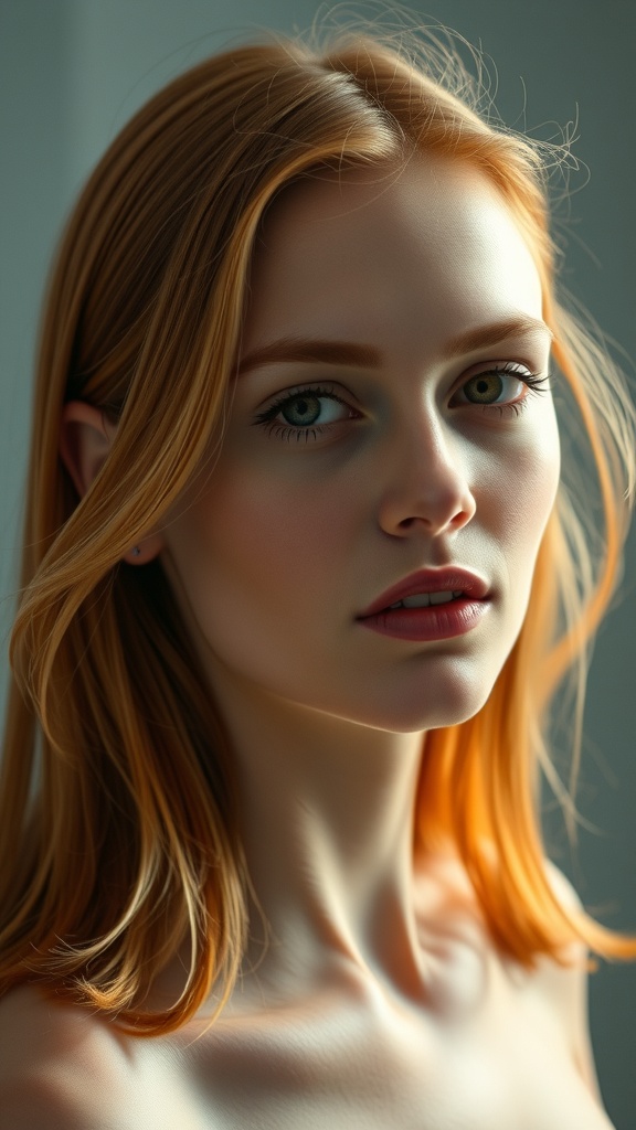 A close-up of a model with straight mid-length ginger hair featuring sunkissed blonde highlights.