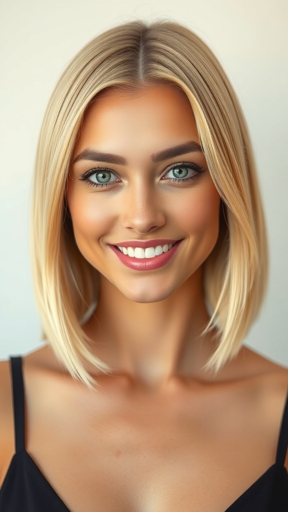 A woman with straight mid-length vanilla blonde hair styled in a middle part, smiling brightly.