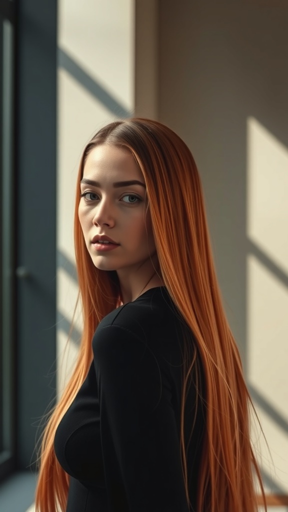 A woman with straight red hair featuring blonde babylights, showcasing warmth and dimension.