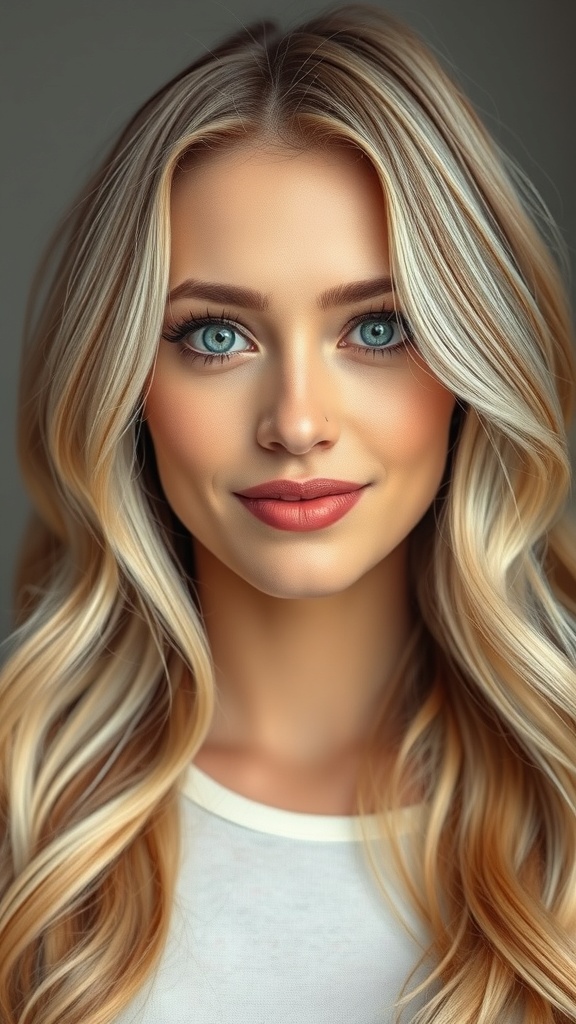 A woman with strawberry blonde balayage hair, showcasing warm tones and flowing waves.