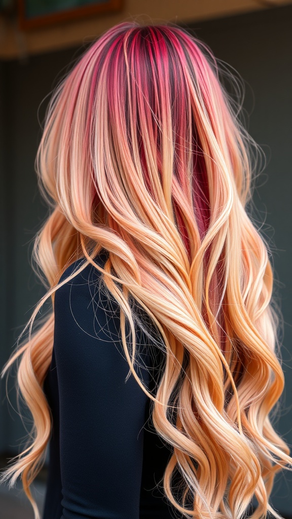 Long wavy hair with strawberry blonde ombre color