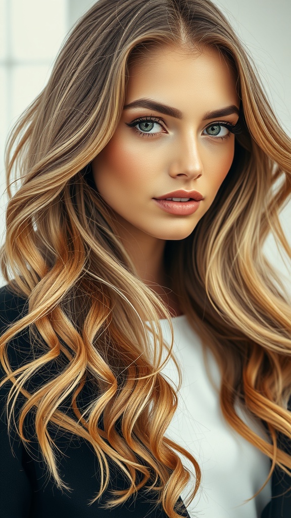 A woman with long, wavy strawberry blonde hair featuring lowlights, showcasing a fresh and modern hairstyle.