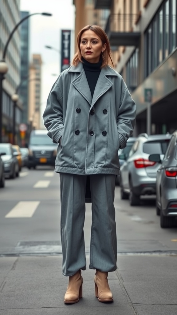 A woman in a gray oversized jacket and matching trousers stands confidently on a city street, showcasing a chic and minimalist outfit.