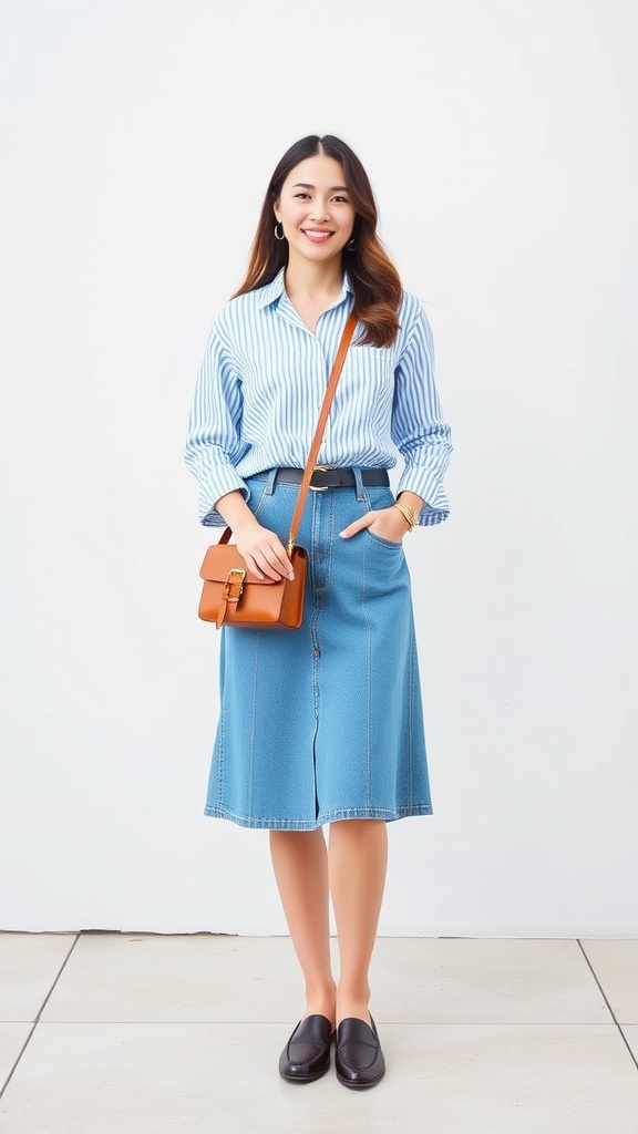 A woman wearing a striped button-up long sleeve blouse with a denim skirt, black loafers, and a brown crossbody bag.