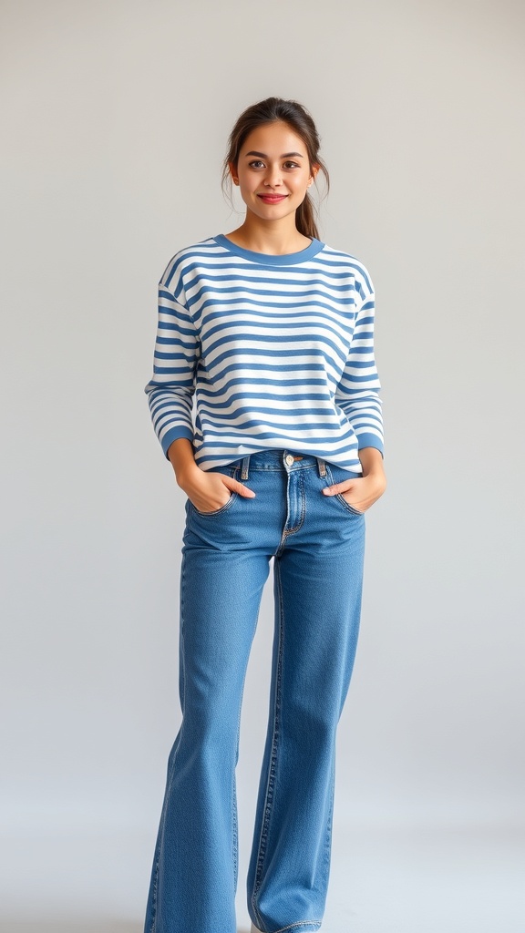 A woman wearing a striped cotton long sleeve top with wide-leg jeans, smiling and posing casually.
