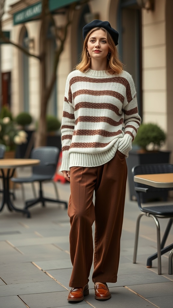 A woman wearing a striped sweater, wide trousers, and a beret, standing outside a café.