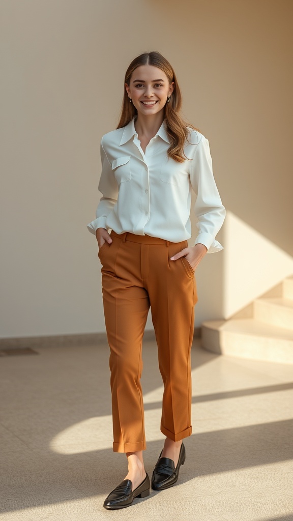 A woman wearing a structured white button-up shirt, tapered brown pants, and black loafers, smiling in a well-lit space.