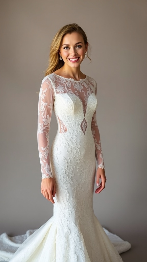 A bride wearing a structured mermaid wedding dress with sheer long sleeves and intricate lace detailing.