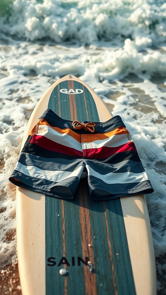 A pair of colorful board shorts on a surfboard at the beach