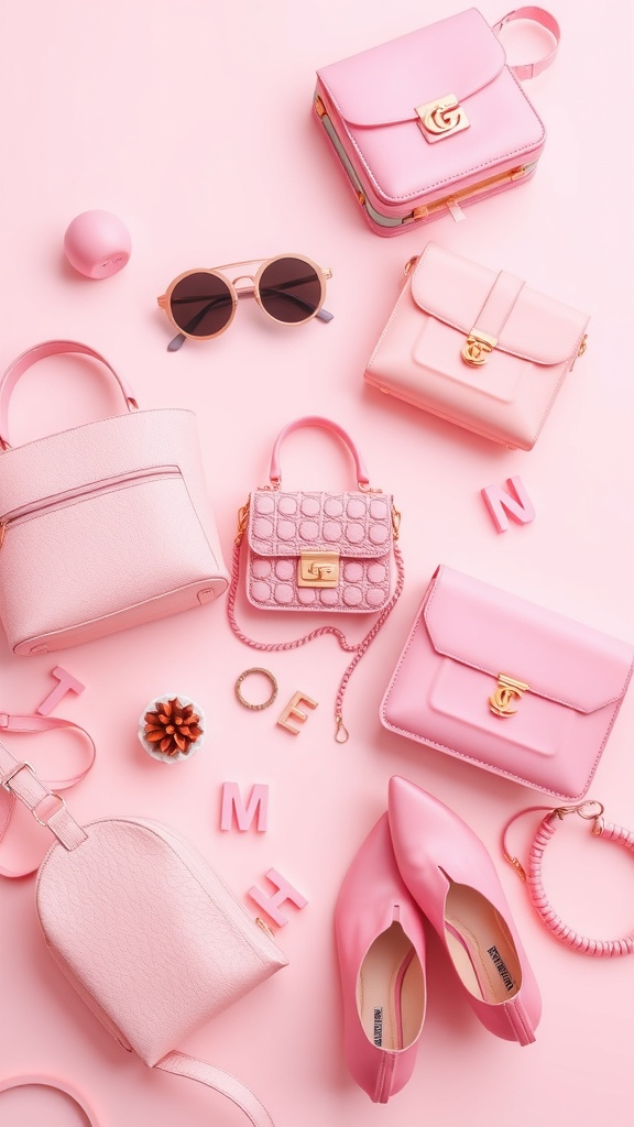 A collection of stylish pink accessories including handbags, sunglasses, and shoes on a pink background.
