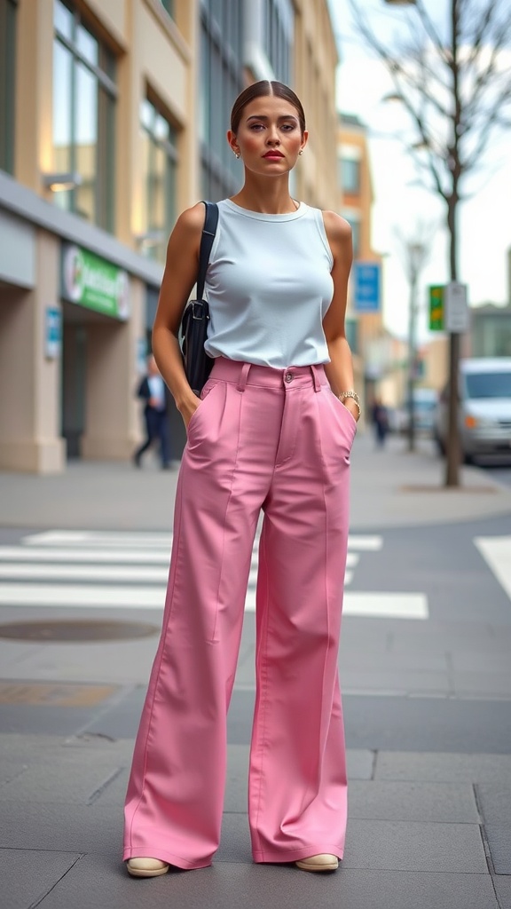 A stylish woman wearing pink wide-leg trousers and a light blue top, standing on a city street.