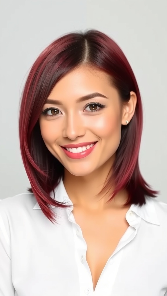 A close-up of a woman with subtle Bordeaux hair color, showcasing warm waves and rich tones.