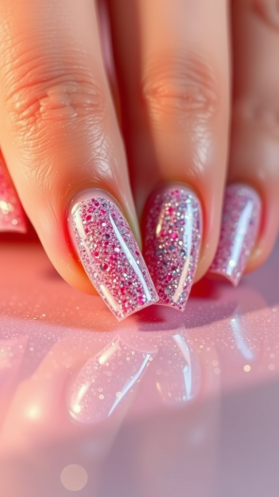 A close-up of a manicured finger with a subtle glitter gradient nail design.