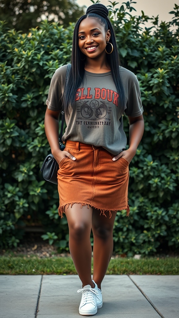 A woman smiling while wearing a tucked graphic tee and a suede mini skirt, standing outdoors.