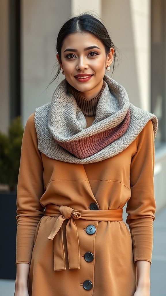 A woman wearing a suede wrap skirt and a mock neck top, styled with a cozy scarf.