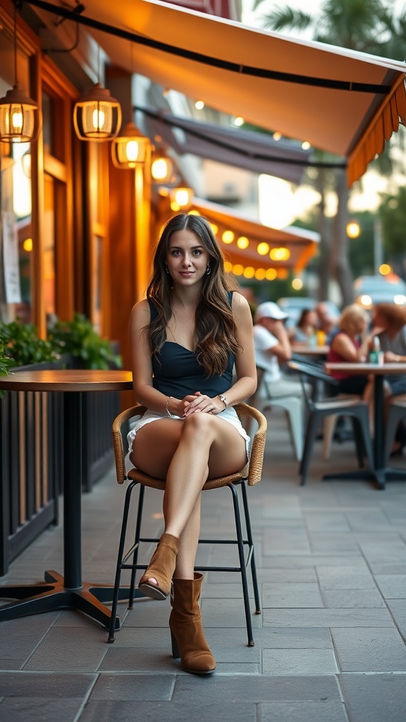 A woman sitting at a cafe wearing ankle boots, shorts, and a tank top during summer.