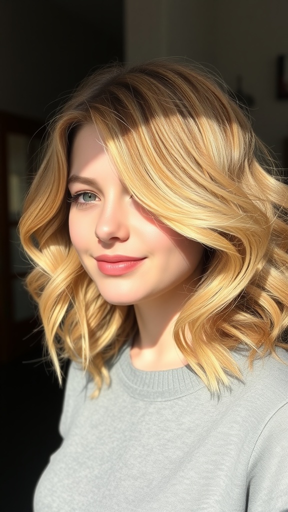 A woman with sun-kissed blonde hair styled in face-framing layers, showcasing a radiant and fresh look.