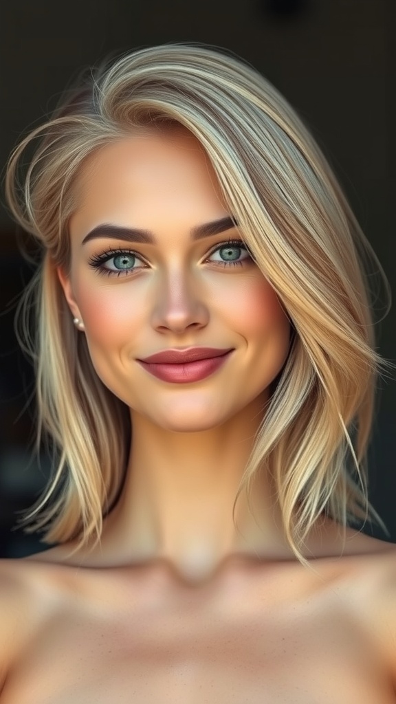 A woman with sunkissed blonde hair featuring shadowy lowlights, showcasing a fresh and vibrant look.