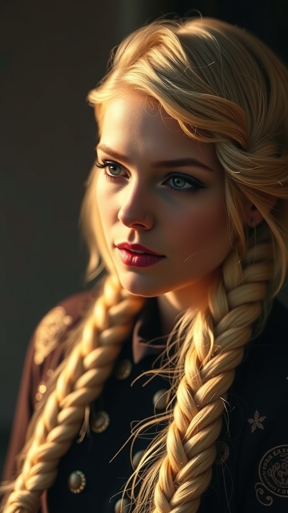 A close-up of a woman with long, sunlit blonde braids, showcasing a radiant and fresh hairstyle.