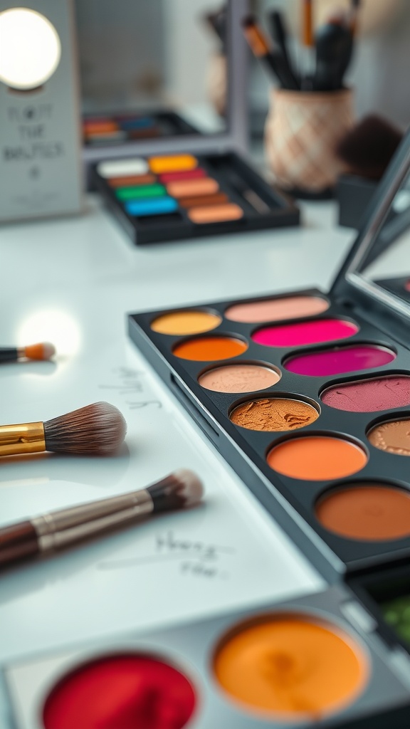 A vibrant eyeshadow palette featuring sunset-inspired colors, with makeup brushes and other cosmetics in the background.