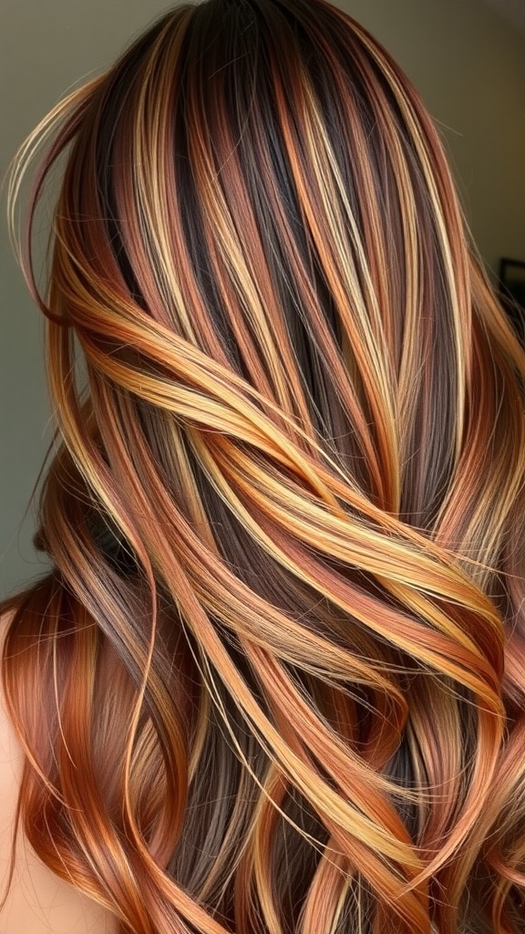 A close-up view of hair featuring sunset copper highlights with warm brown and copper tones.