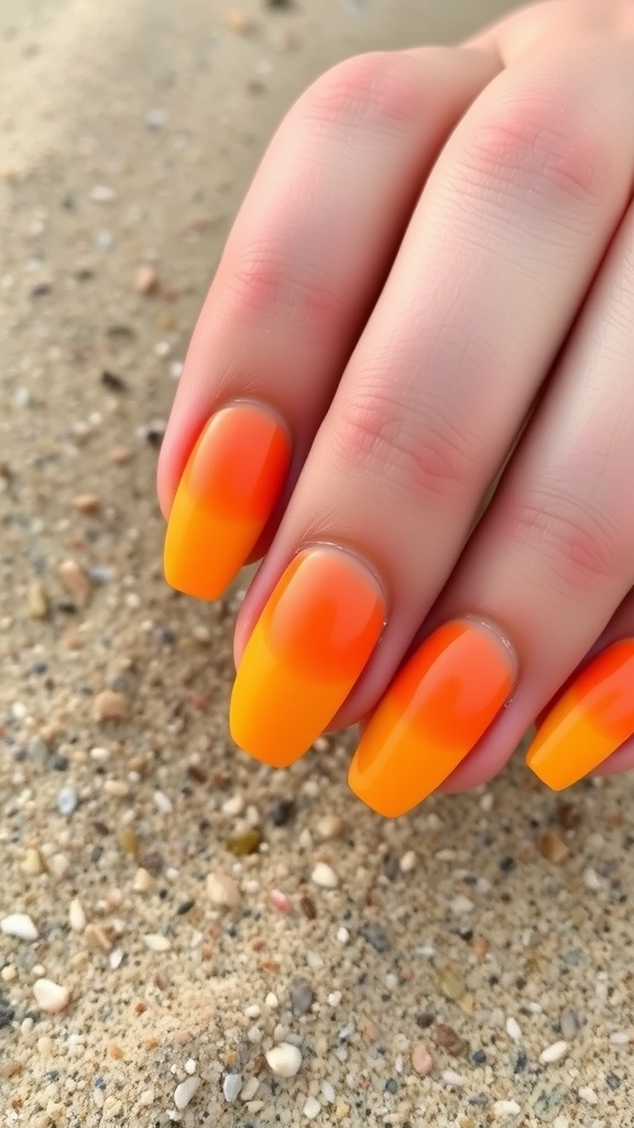 A hand with sunset gradient nails in orange and yellow against a beach sunset background.