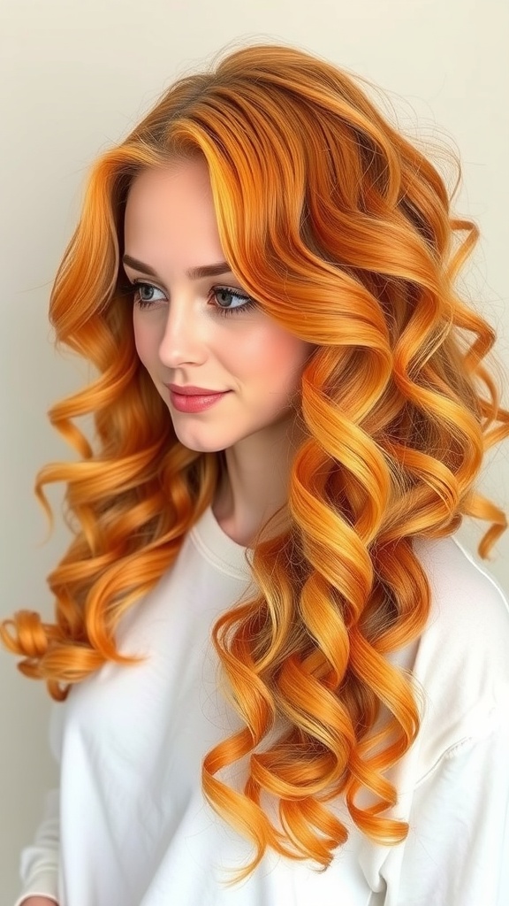 A person with colorful curly hair styled in a sunset ombre look, featuring vibrant oranges, pinks, and purples.