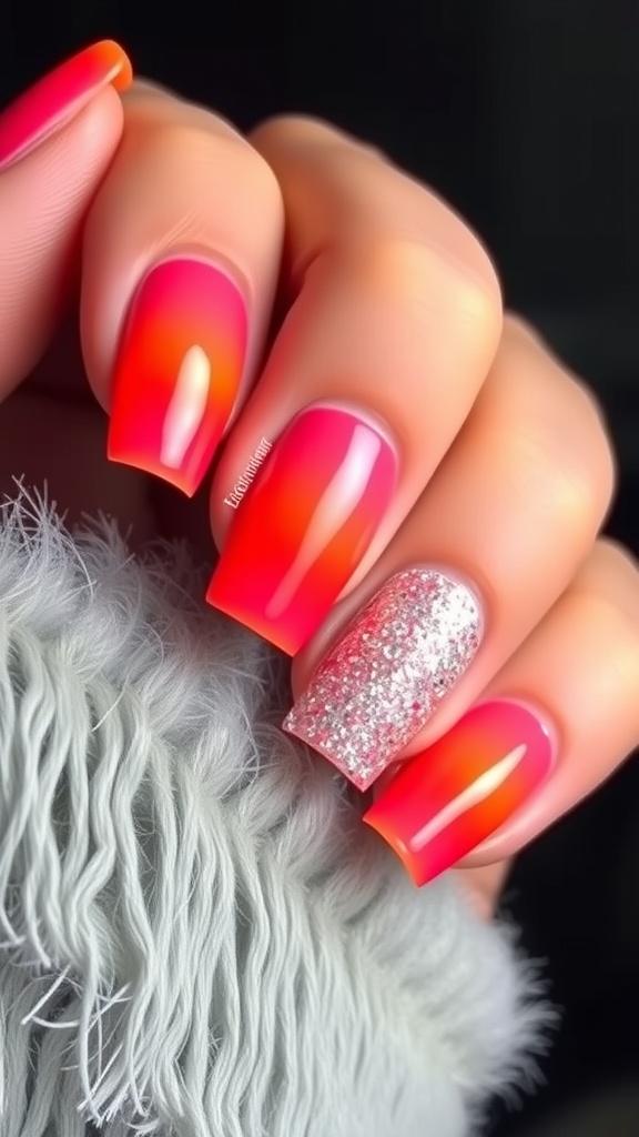 Vibrant sunset ombre nails with glitter accent