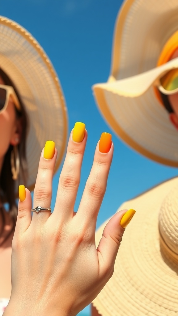 A hand with yellow nails next to two sun hats on a bright yellow background.