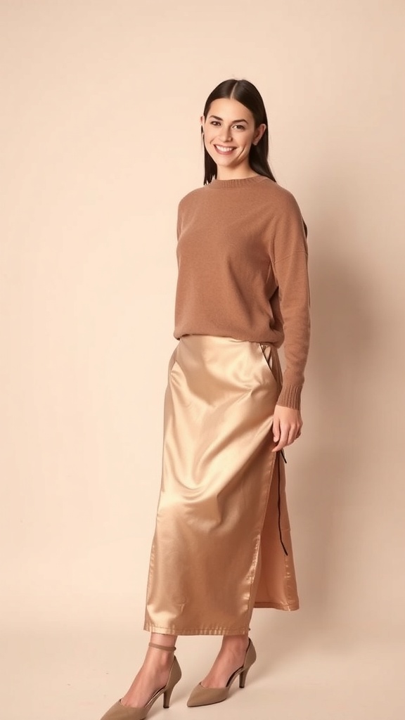 A woman wearing a brown sweater and a gold midi slip skirt with heels, smiling against a neutral background.