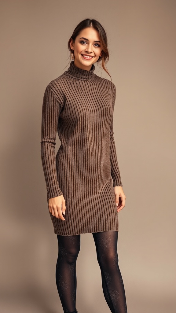 A woman wearing a ribbed brown sweater dress and patterned tights, smiling confidently.